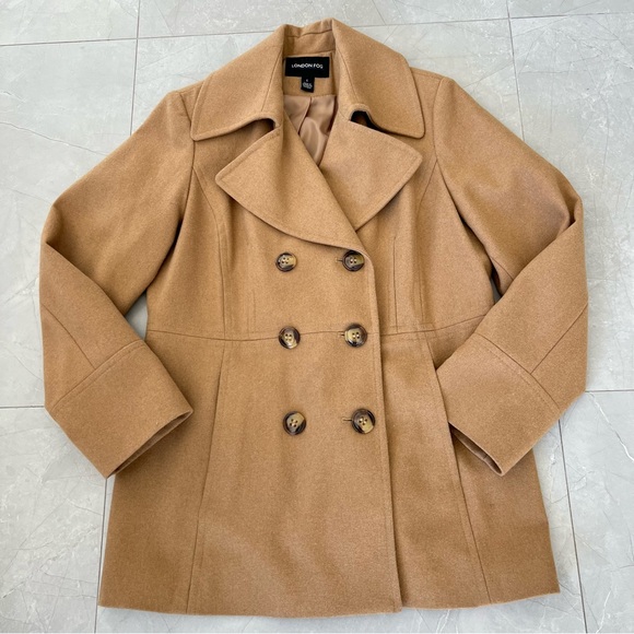 LONDON FOG Beige Tan Wool Blend Double Breasted Long Sleeve Pea Coat Jacket Sz L - Picture 10 of 15